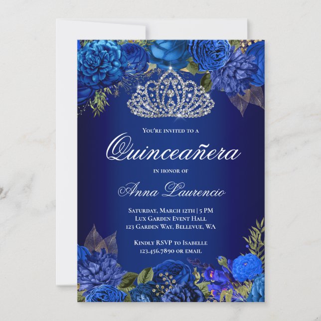 Invitation Elégant Royal Blue Roses Diamond Tiara Quinceanera (Devant)