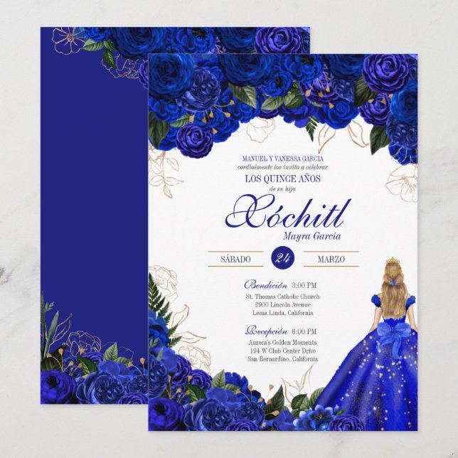 Invitation Elégant Royal Blue Roses Floral Quinceañera (Devant / Derrière)