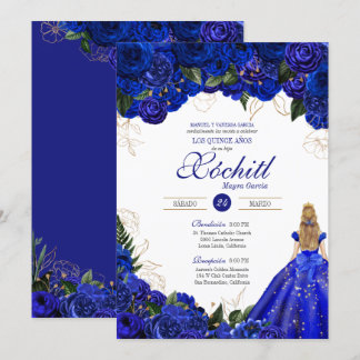 Invitation Elégant Royal Blue Roses Floral Quinceañera