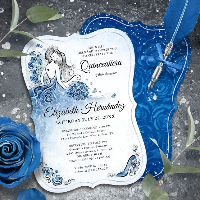 Invitation Elégant Royal Blue Silver Princess Quince Annivers (Royal blue and silver princess invitations to bring a touch of fairy tale magic to your quince.)
