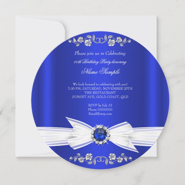 Invitation Elégant Royal Blue White Pearl Jewel Bow Anniversa (Devant)