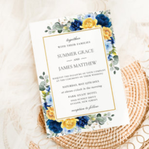 Invitation Elégant Royal Dusty bleu jaune Mariage floral