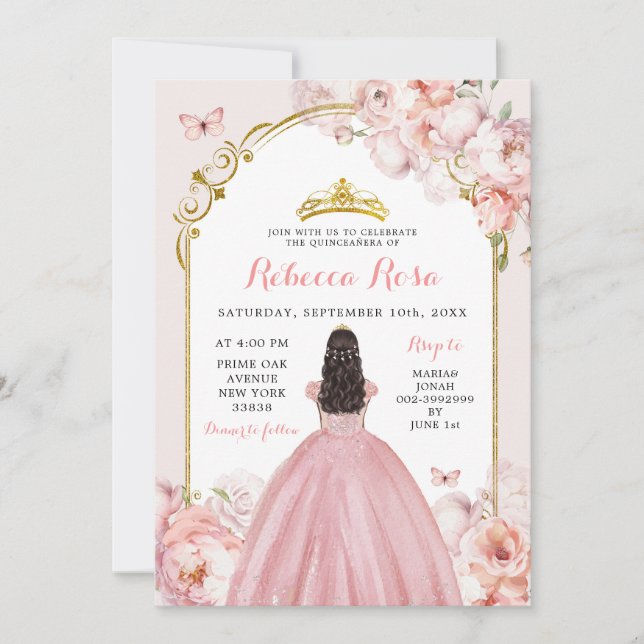 Invitation Elégant Royal Gold Dusty Rose Princesse Quinceañer (Devant)