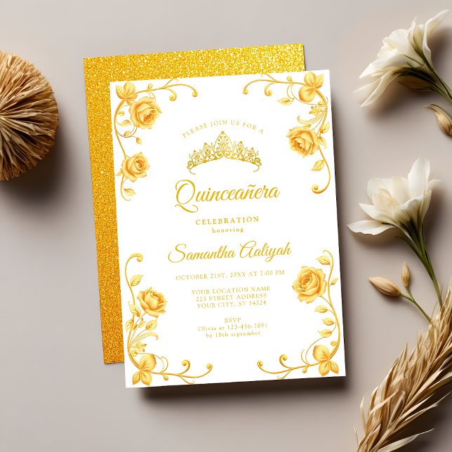 Invitation Elégant Royal Golden Floral Quinceañera (Créateur téléchargé)