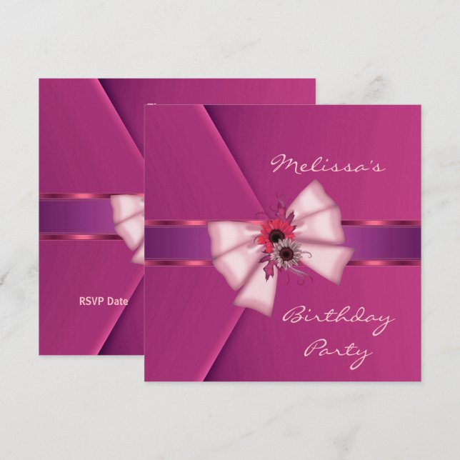 Invitation Élégant Ruban Floral en Velours Rose 2 (Devant / Derrière)