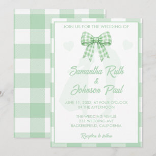 Invitation Élégant Ruban Gingham Vert Sauge pour Mariage
