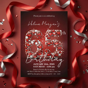 Invitation Élégant Rubis Rouge et Argent Pierrerie 65e Annive
