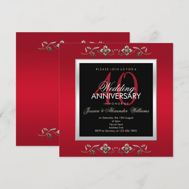 Invitation Elegant Ruby Jewels 40e Anniversaire de Mariage (Devant / Derrière)