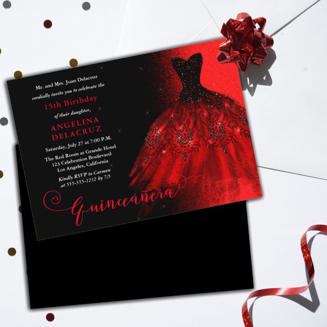 Invitation Elégant Ruby Red Gown espagnol Quinceañera (Créateur téléchargé)