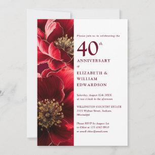 Invitation Élégant Ruby Rouge et or Floral 40e anniversaire