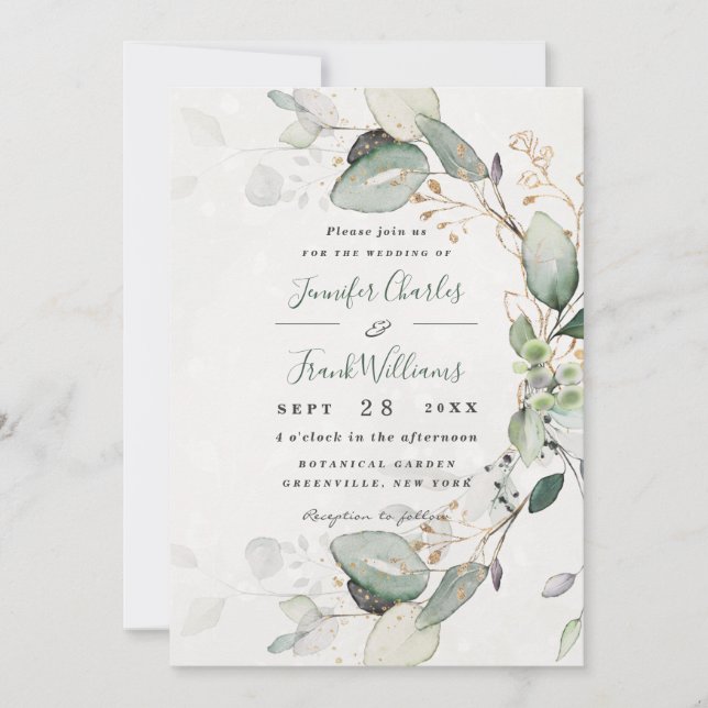 Invitation Elégant Rustic Gold Greenery Eucalyptus Mariage (Devant)