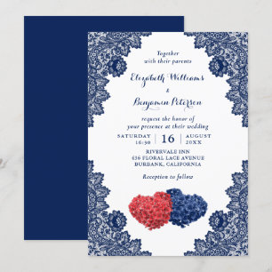 Invitation Elégant Rustic Navy Mariage bleu et rouge floral