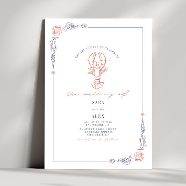 Invitation Elégant Rustic Red & Blue Beach Wedding Homard (Créateur téléchargé)