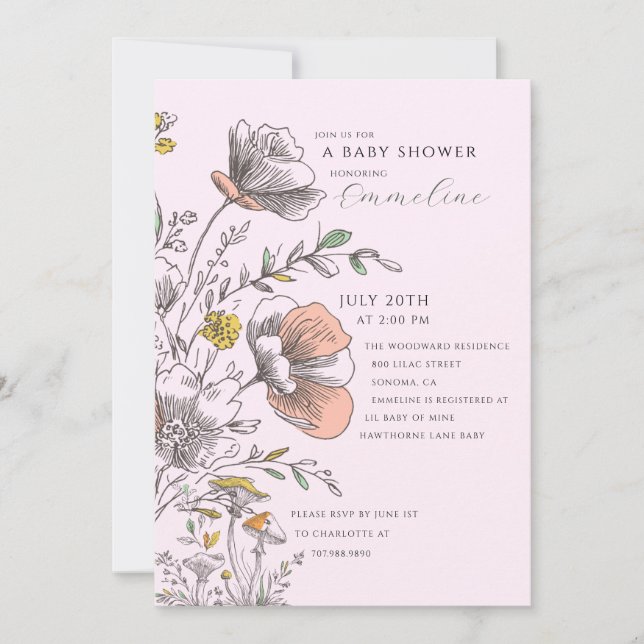 Invitation Elegant Rustic Wildflower Pink Baby Shower  (Devant)
