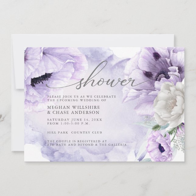 Invitation Elégant rustique Aquarelle Violet Floral Poppies (Devant)