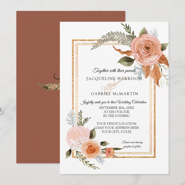 Invitation Élégant Rustique Automne Floral Terracotta Mariage (Devant / Derrière)