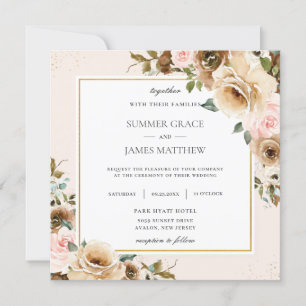 Invitation Elégant Rustique Brown Crème Blush Floral Vert