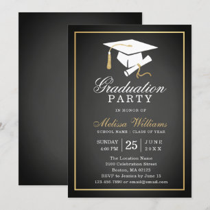 Invitation Elégant Rustique Chalkboard Black Gold Graduation