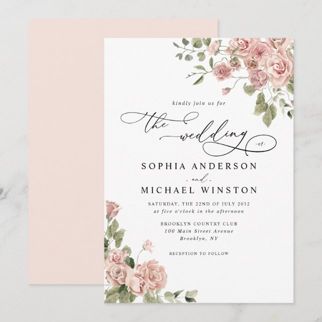 Invitation Élégant Rustique Chic Blush Rose Rose Floral Maria (Devant / Derrière)