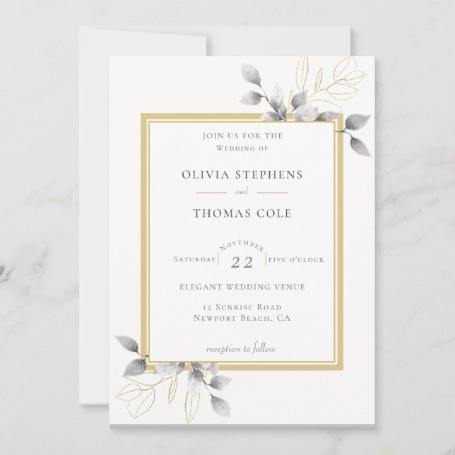 Invitation Elégant Rustique Eucalyptus Black White Gold Maria (Devant)