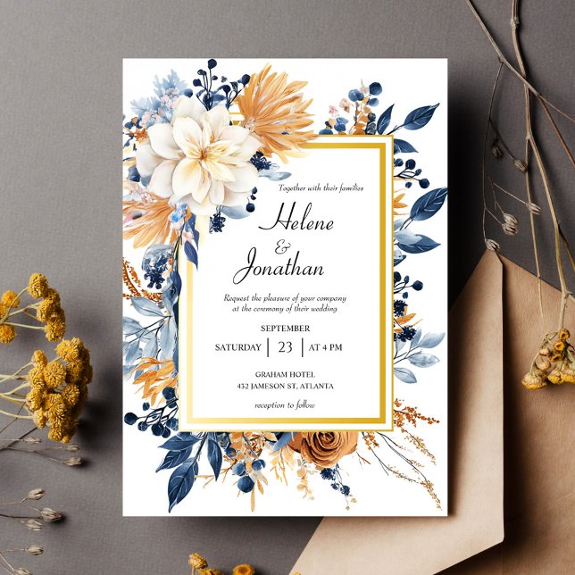 Invitation Élégant Rustique Floral Navy Mariage en terre cuit (Elegant Rustic Floral Navy Blue Terracotta Wedding Invitation)