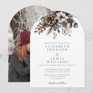 Invitation Elégant Rustique Floral Pinecone Photo Mariage Arc
