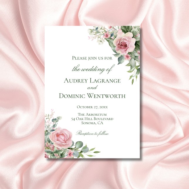Invitation Élégant Rustique Floral Roses Rose Mariage Botaniq (elegant floral wedding invitation with pink roses greenery for botanical garden themed weddings)