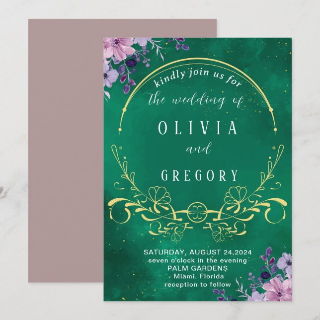 Invitation Élégant Rustique Floral & Royal Green Mariage (Devant / Derrière)