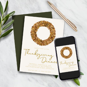 Invitation Élégant Rustique Thanksgiving Fall Wreath Gold Foi