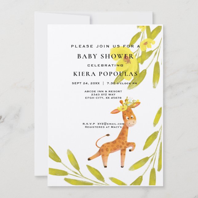 Invitation Elégant Safari Giraffe Baby shower floral rose ros (Devant)