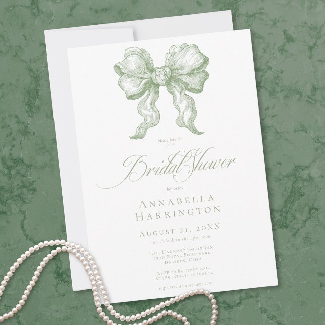 Invitation Elegant Sage Bow Toile French Bridal Shower (Elegant Sage Bow Toile French Bridal Shower Invitation)