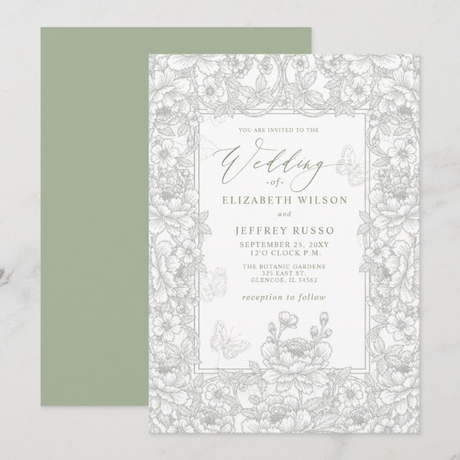 Invitation Elegant Sage Chinoiserie Floral Botanical Wedding (Devant / Derrière)