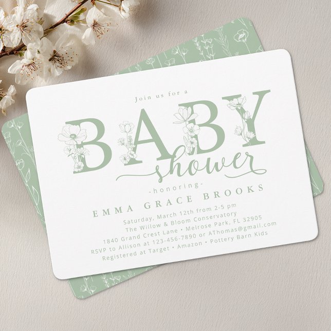 Invitation Elegant Sage Floral Baby Shower Typography (Baby Shower Invite)