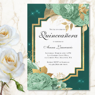 Invitation Élégant Sage Floral Green Emerald Quinceanera
