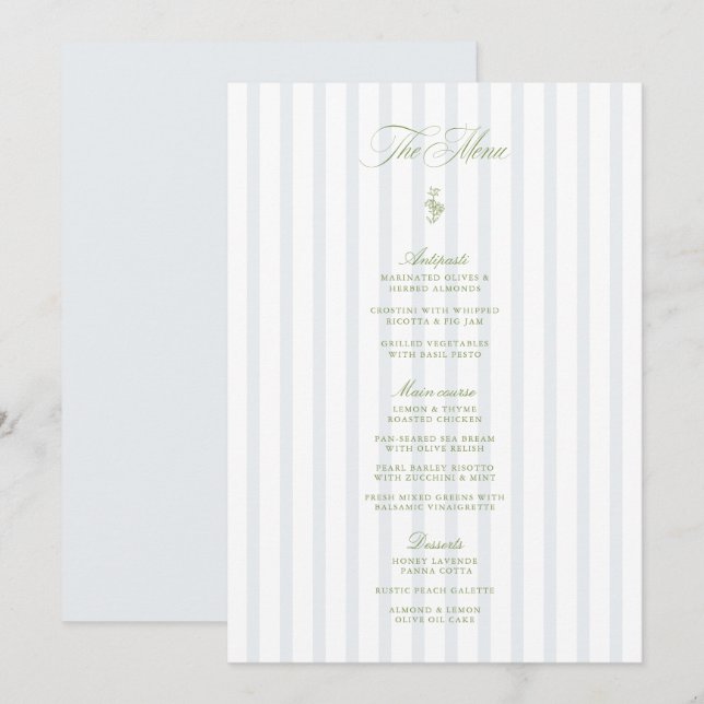 Invitation Elegant Sage Green & Blue Striped Wedding Menu (Devant / Derrière)