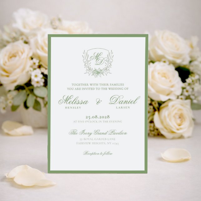 Invitation Elegant Sage Green Botanical Crest Wedding (Créateur téléchargé)