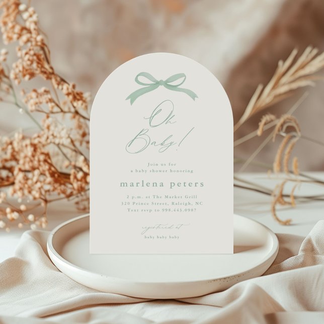 Invitation Élégant Sage Green Bow Baby shower neutre genre (Simple sage green bow gender neutral baby shower invitation.)