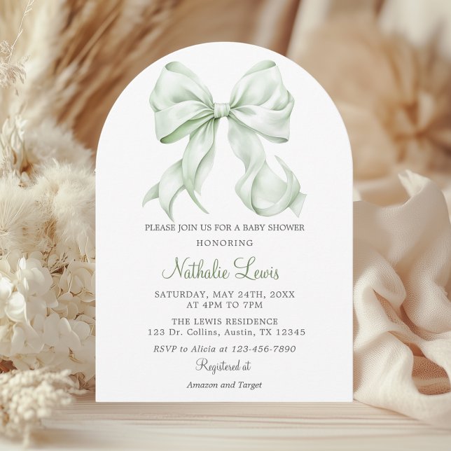 Invitation Élégant Sage Green Bow Baby shower Sexe Neutre (Créateur téléchargé)