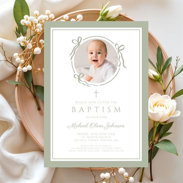 Invitation Elegant Sage Green Bow Boy Photo Baptism (Elegant Sage Green Bow Boy Photo Baptism Invitation)