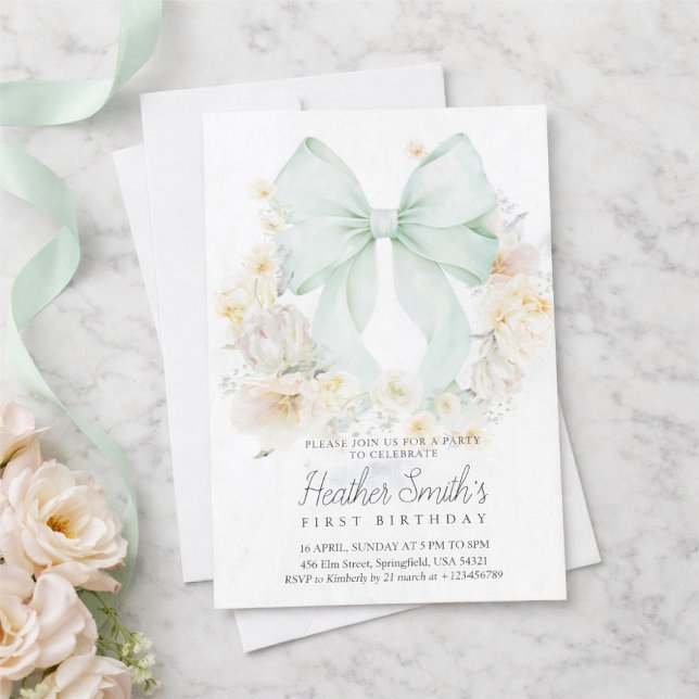 Invitation Elegant Sage Green Bow Floral First Birthday (Créateur téléchargé)