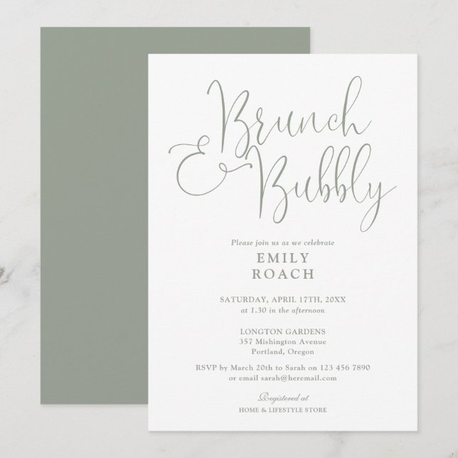 Invitation Elégant Sage Green Brunch Et Fête des mariées Bubb (Devant / Derrière)