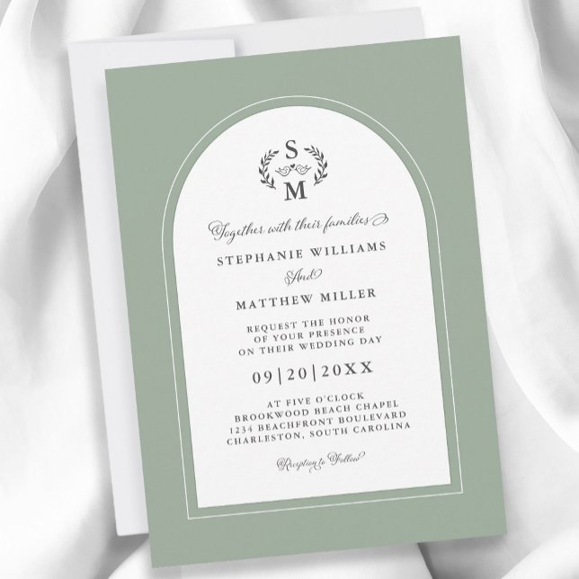 Invitation Élégant Sage Green Calligraphy Crest Arch Mariage (Elegant Sage Green Calligraphy Crest Arch Wedding Invitation)