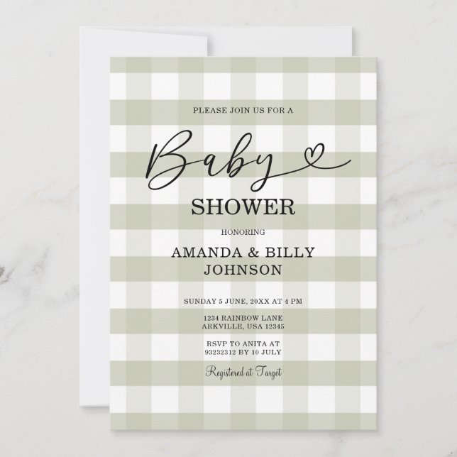 Invitation Elégant Sage Green Classic En vichy Baby shower (Devant)