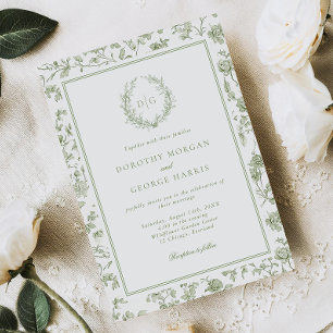 Invitation Elégant Sage Green Crest Chinoiserie Mariage