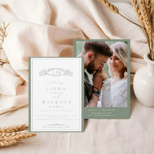 Invitation Élégant Sage Green Crest Monogram Mariage