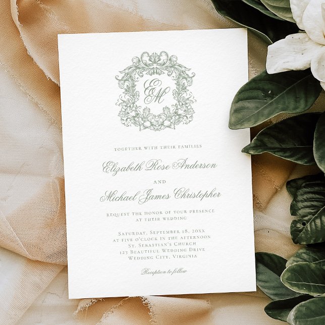Invitation Elegant Sage Green Crest Monogram Wedding (Créateur téléchargé)