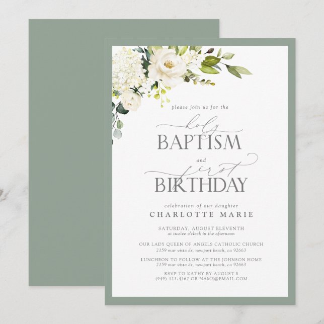 Invitation Elégant Sage Green Floral Baptême 1er anniversaire (Devant / Derrière)