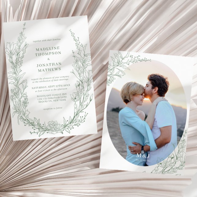 Invitation Élégant Sage Green Floral Monogramme Photo Mariage (Créateur téléchargé)