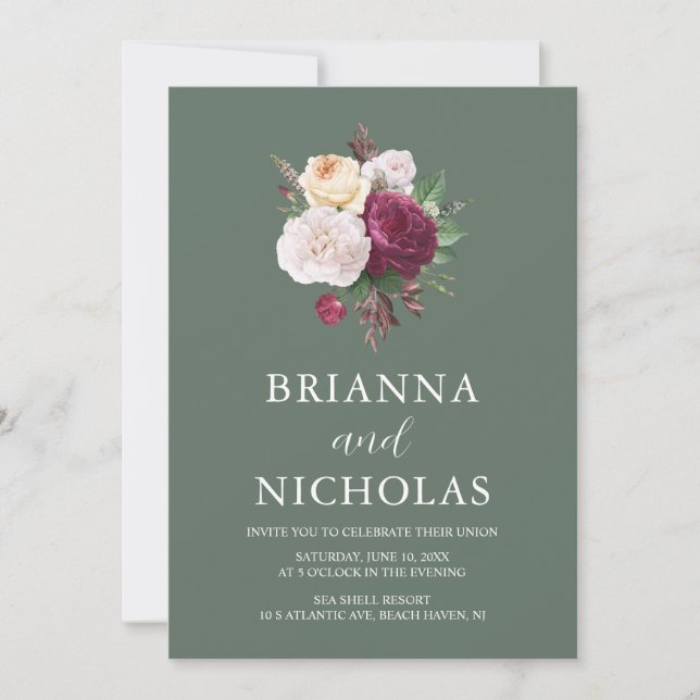 Invitation Élégant Sage Green Floral tout en un Mariage (Devant)