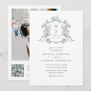 Invitation Elégant Sage Green French Garden Wedding Code QR